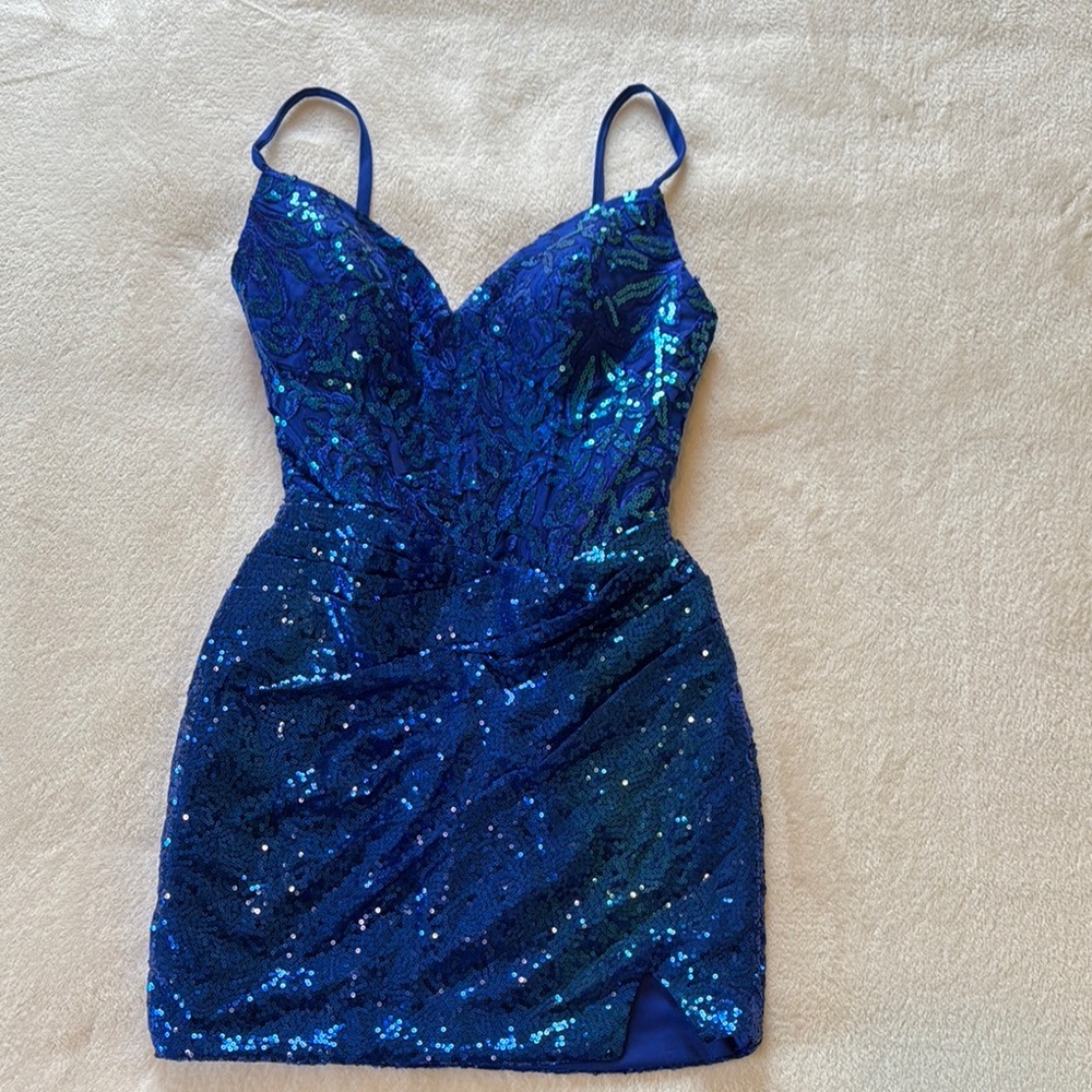 Blue Sequin Bodycon Mini Dress with Spaghetti Straps